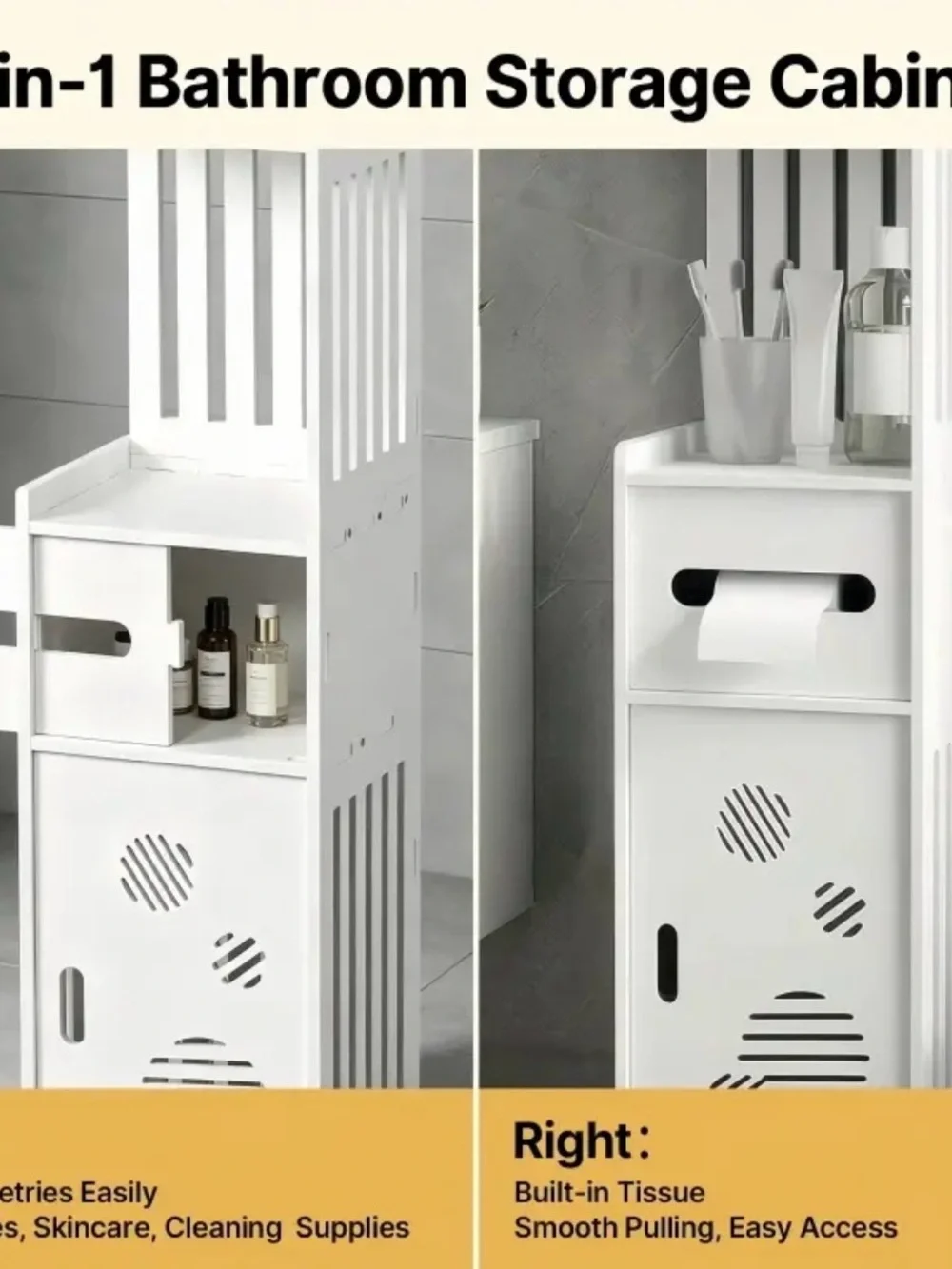 Slim White Bathroom Storage Tower with Shelves and Drawer - White